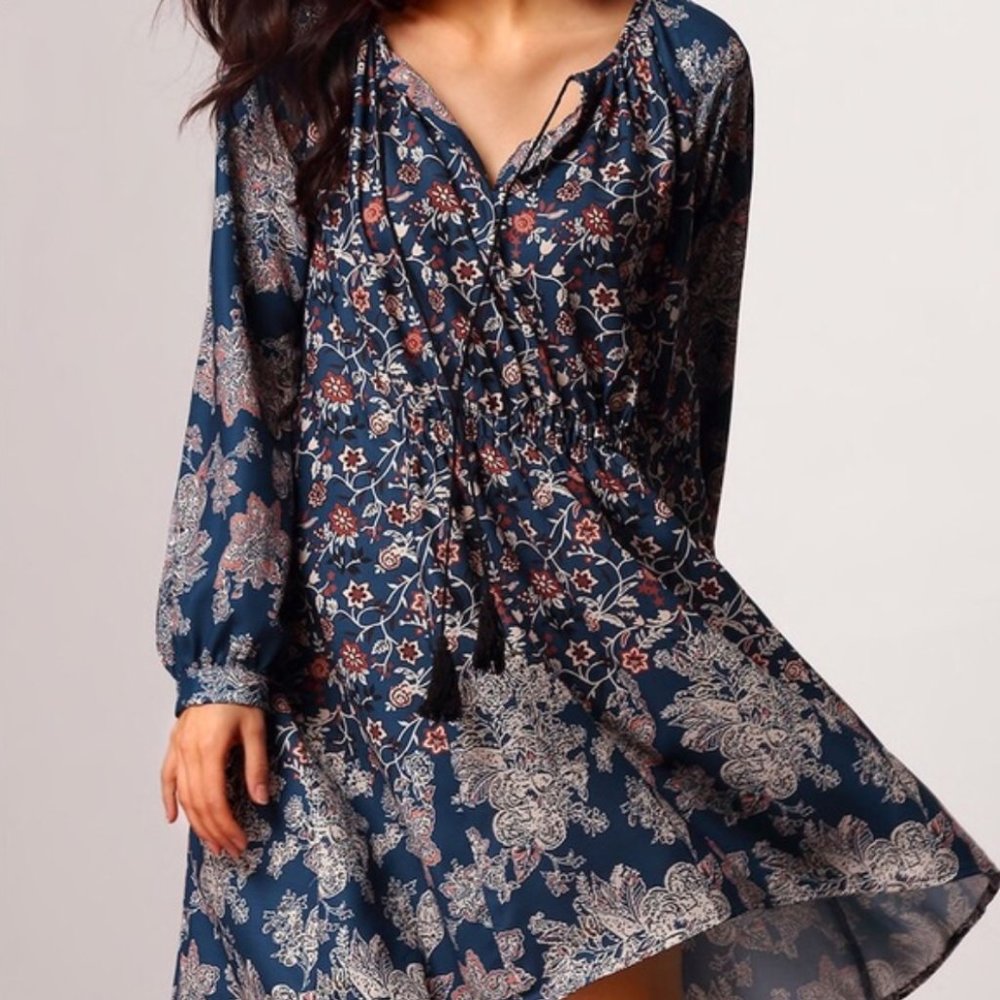 Boho Floral Long Sleeve Flowing Tunic Style Dress